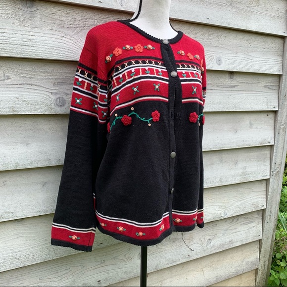 Vintage 90s Red and Black Striped Floral Crochet Crewneck Button Down Sweater - Picture 2 of 16